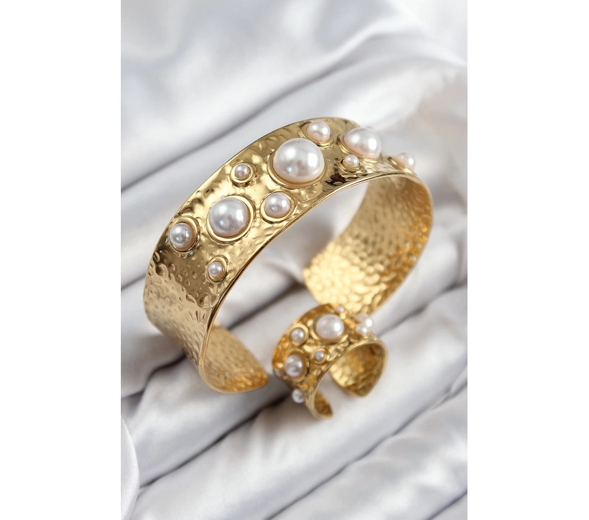 Pirinç İncili Model Gold Renk Bileklik Yüzük Set