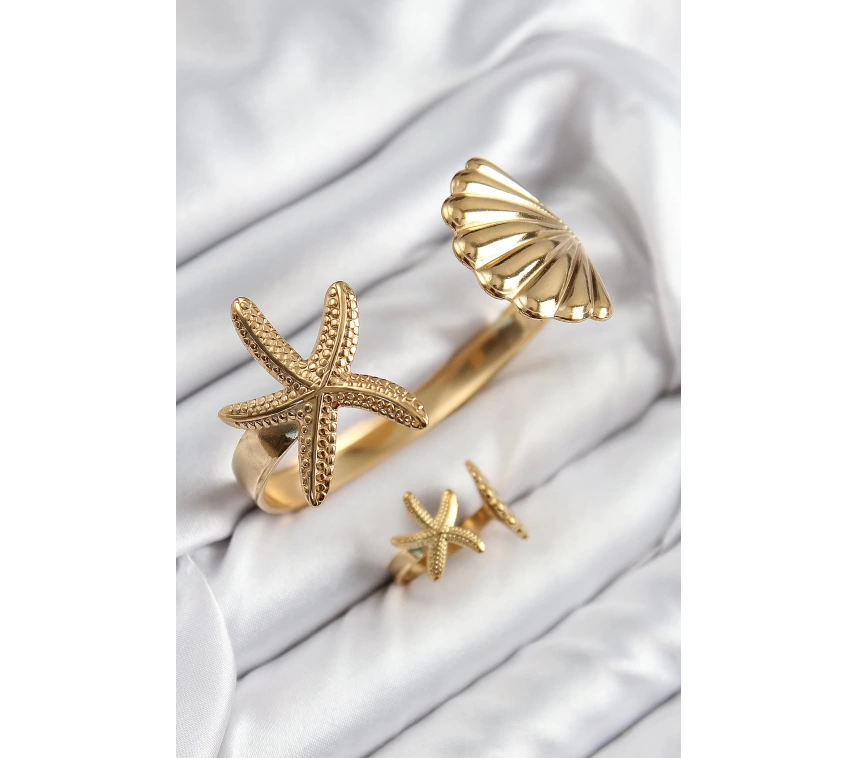 Pirinç İstiridye Ve Deniz Yıldızı Model Gold Renk Bileklik Yüzük Set