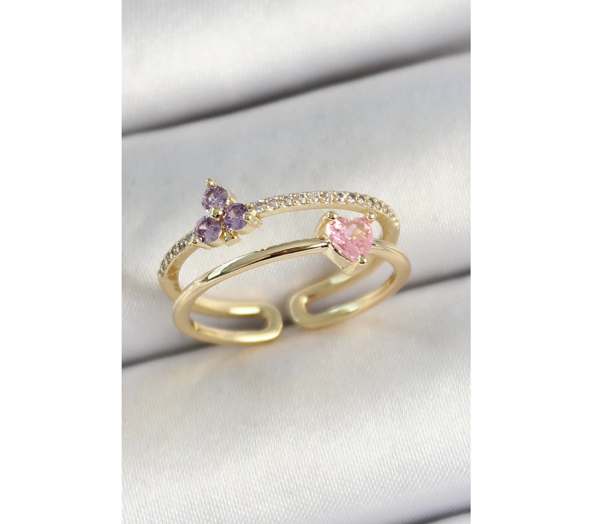 Pirinç Kalp Ve Çiçek Figürlü Zirkon Taşlı Gold Renk Ayarlanabilir Kadın Yüzük
