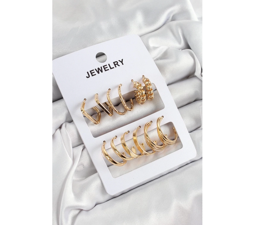 Pirinç Karışık Halka Model Gold Renk 6 Çift Kadın Küpe Set