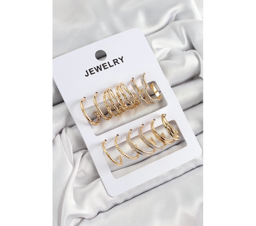 Pirinç Karışık Halka Model Gold Renk 6 Çift Kadın Küpe Set
