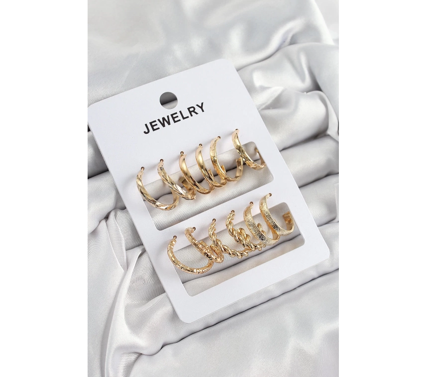 Pirinç Karışık Halka Model Gold Renk 6 Çift Kadın Küpe Set