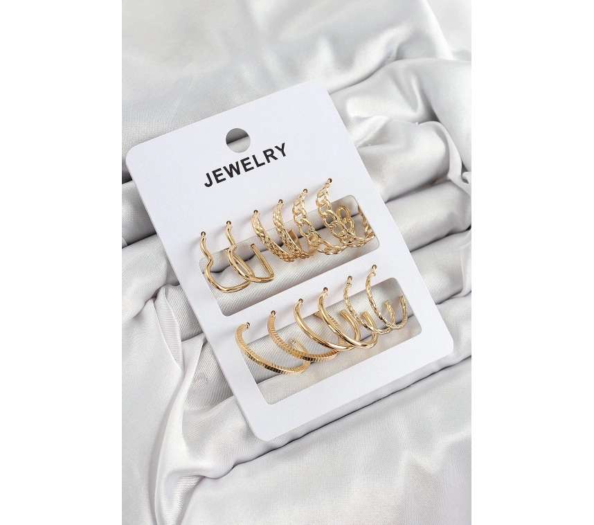 Pirinç Karışık Halka Model Gold Renk 6 Çift Kadın Küpe Set