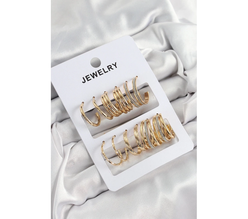 Pirinç Karışık Halka Model Gold Renk 6 Çift Kadın Küpe Set