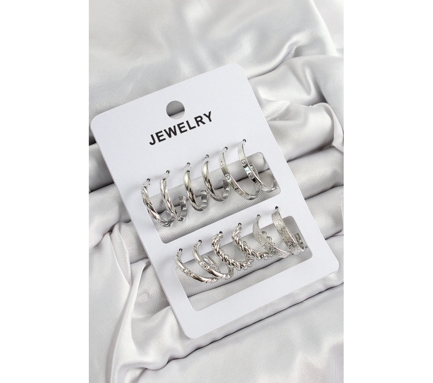 Pirinç Karışık Halka Model Gümüş Renk 6 Çift Kadın Küpe Set
