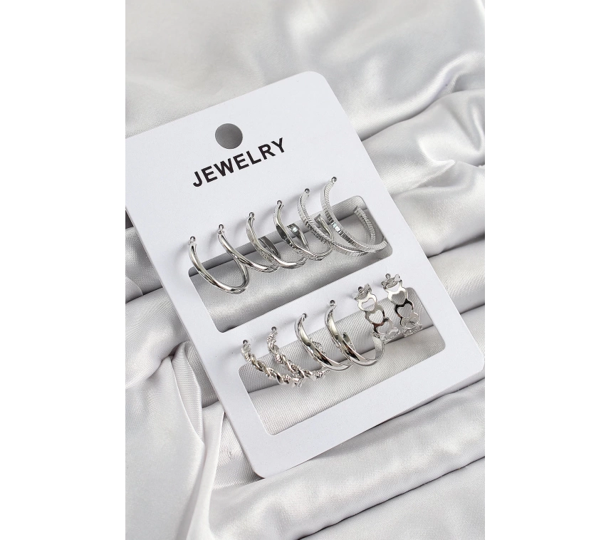 Pirinç Karışık Halka Model Gümüş Renk 6 Çift Kadın Küpe Set