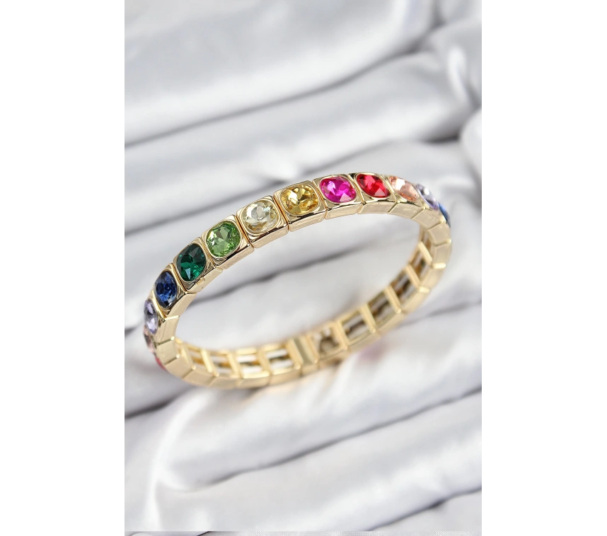 Pirinç Karışık Zirkon Taşlı Kare Model Gold Renk Lastikli Kadın Bileklik