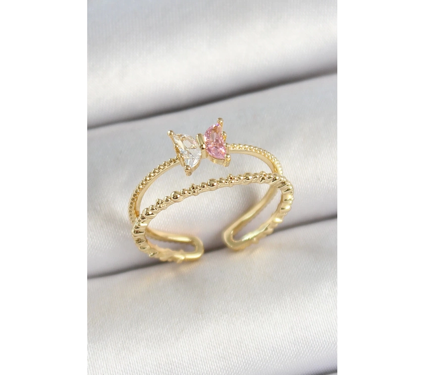 Pirinç Kelebek Figürlü Zirkon Taşlı Gold Renk Ayarlanabilir Kadın Yüzük