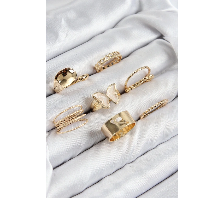 Pirinç Kelebek Model Gold Renk Kadın Yüzük Kombin Set