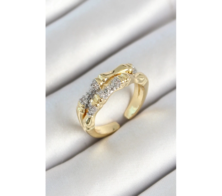 Pirinç Kemik Figürlü Zirkon Taşlı Gold Renk Ayarlanabilir Kadın Yüzük