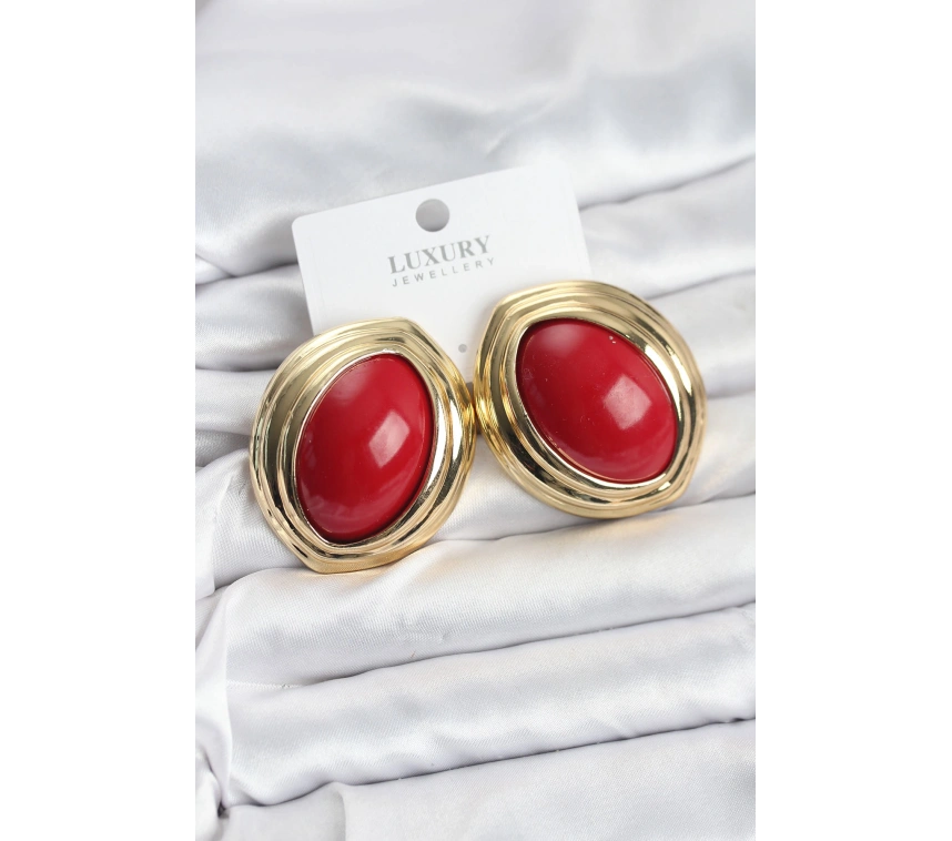 Pirinç Kırmızı Badem Model Vintage Gold Kadın Küpe