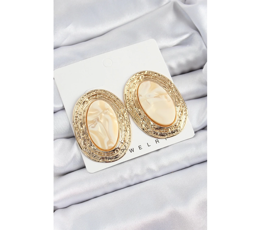 Pirinç Mermer Desenlli Bej Sedef Oval Vintage Model Gold Renk Kadın Küpe