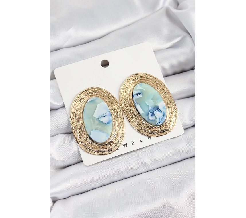 Pirinç Mermer Desenlli Mavi Sedef Oval Vintage Model Gold Renk Kadın Küpe