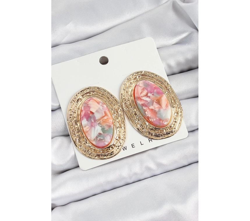 Pirinç Mermer Desenlli Pembe Sedef Oval Vintage Model Gold Renk Kadın Küpe