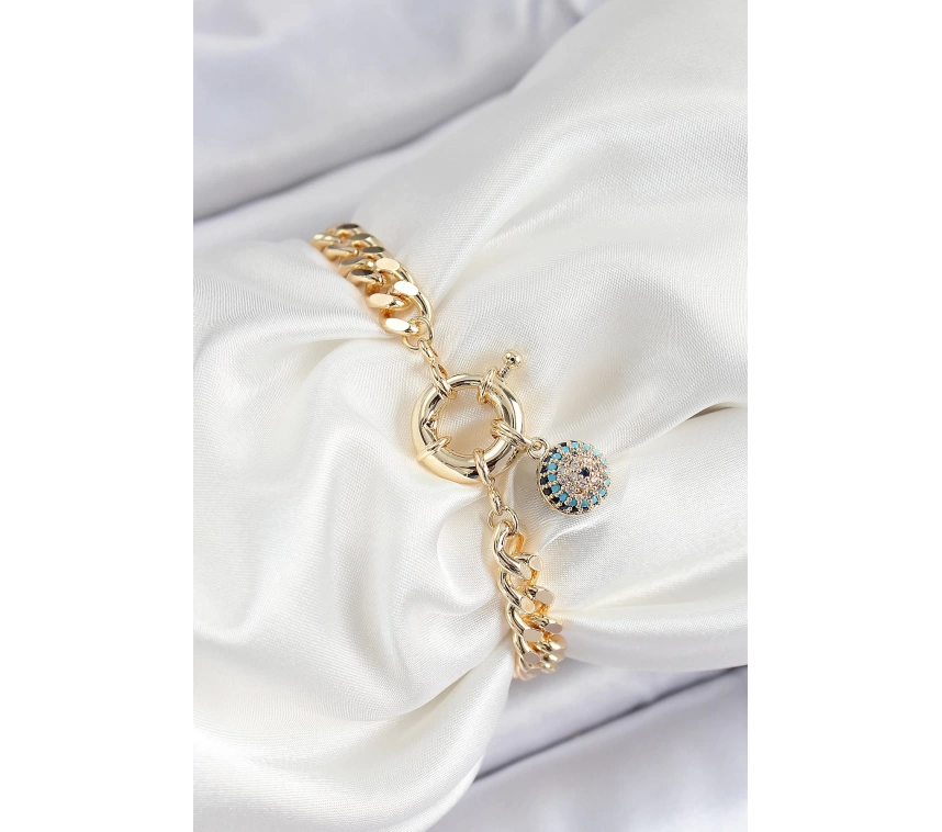 Pirinç Nazar Model Zirkon Taşlı Gold Renk VİP Seri Kadın Bileklik