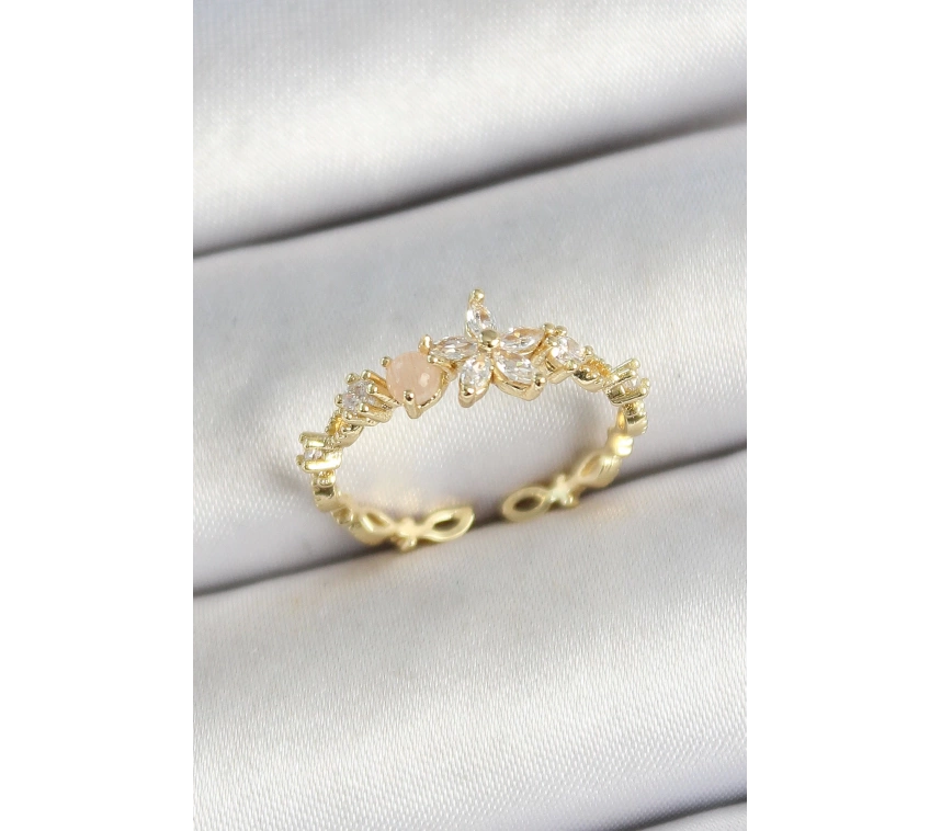 Pirinç Papatya Figürlü Zirkon Taşlı Gold Renk Ayarlanabilir Kadın Yüzük