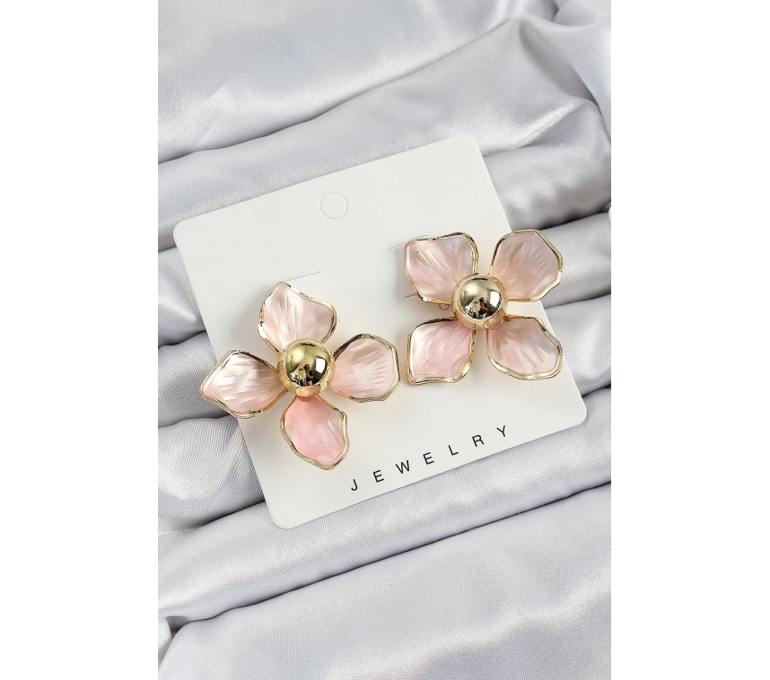 Pirinç Pembe Çiçek Vintage Model Gold Renk Kadın Küpe