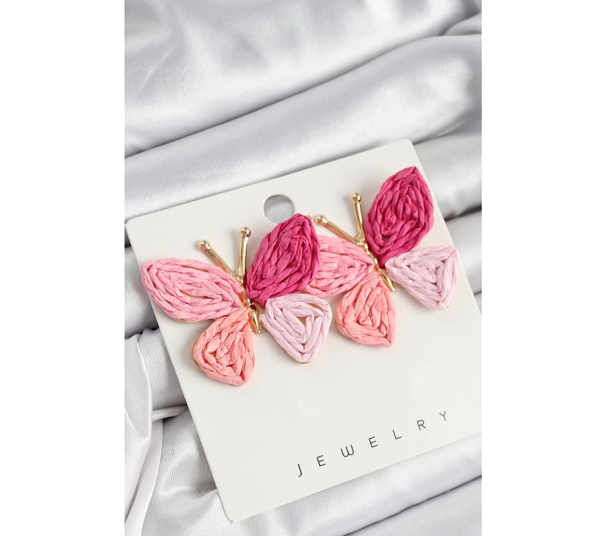 Pirinç Pembe Kelebek Model Gold Renk Kadın Hasır Küpe