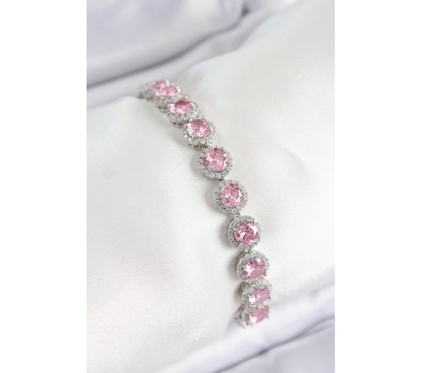 Pirinç Pembe Zirkon Taşlı Daire Baget Model Gümüş Renk VIP Seri Kadın Bileklik