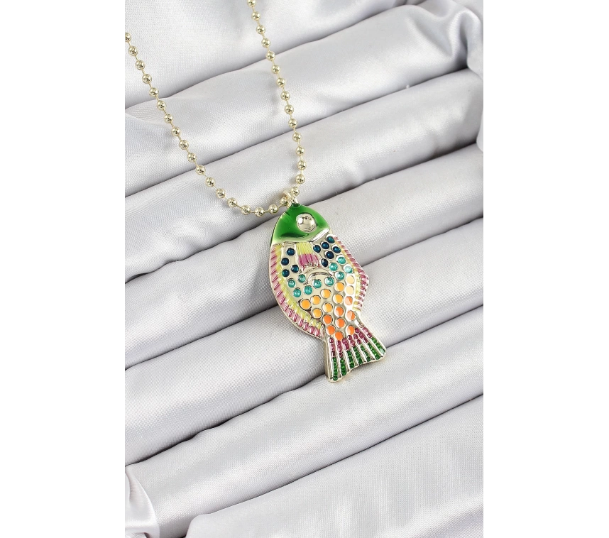 Pirinç Rainbow Balık Model Zirkon Taşlı Gold Renk Kadın Kolye