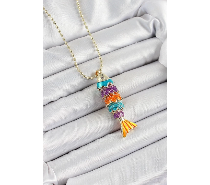 Pirinç Rainbow Balık Model Zirkon Taşlı Gold Renk Kadın Kolye