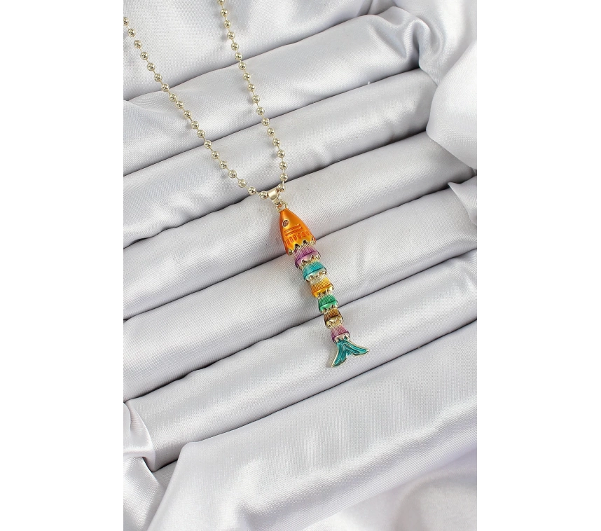 Pirinç Rainbow Balık Model Zirkon Taşlı Gold Renk Kadın Kolye