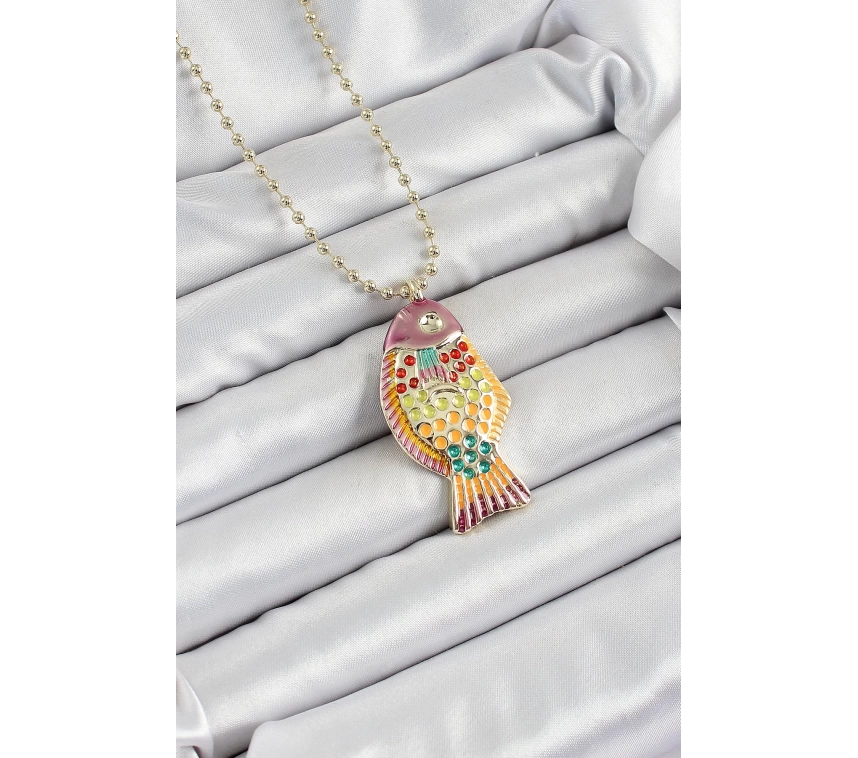 Pirinç Rainbow Balık Model Zirkon Taşlı Gold Renk Kadın Kolye