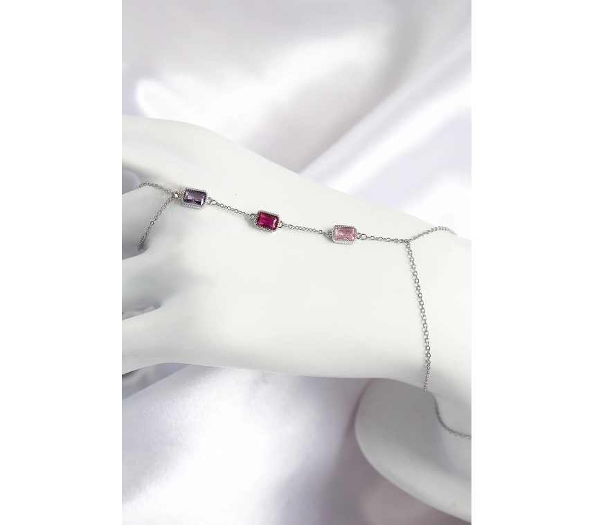 Pirinç Renkli Zirkon Taşlı Dikdörtgen Model Gümüş Renk Kadın Şahmeran