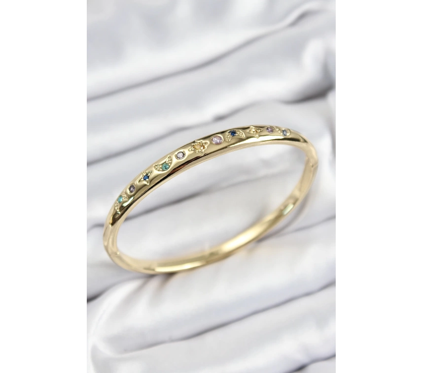 Pirinç Renkli Zirkon Taşlı Kutup Yıldızı Ve Hilal Model Gold Renk Kadın Kelepçe
