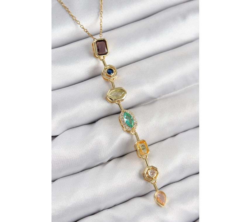 Pirinç Renkli Zirkon Taşlı Model Gold Renk Kadın Y Kolye