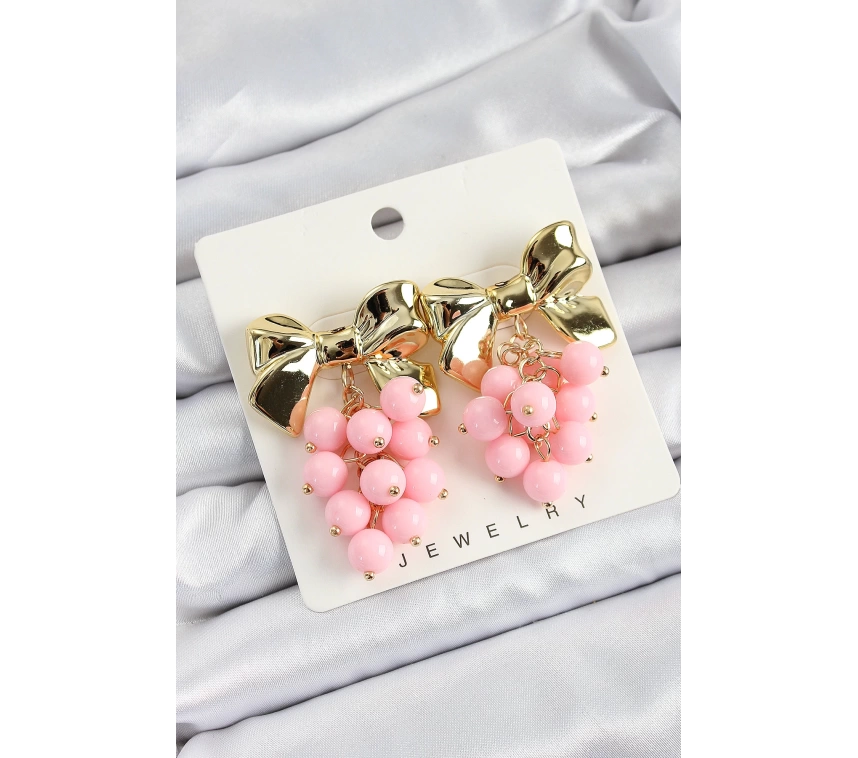 Pirinç Sallantılı Pembe Boncuklu Fiyonk Vintage Model Gold Renk Kadın Küpe