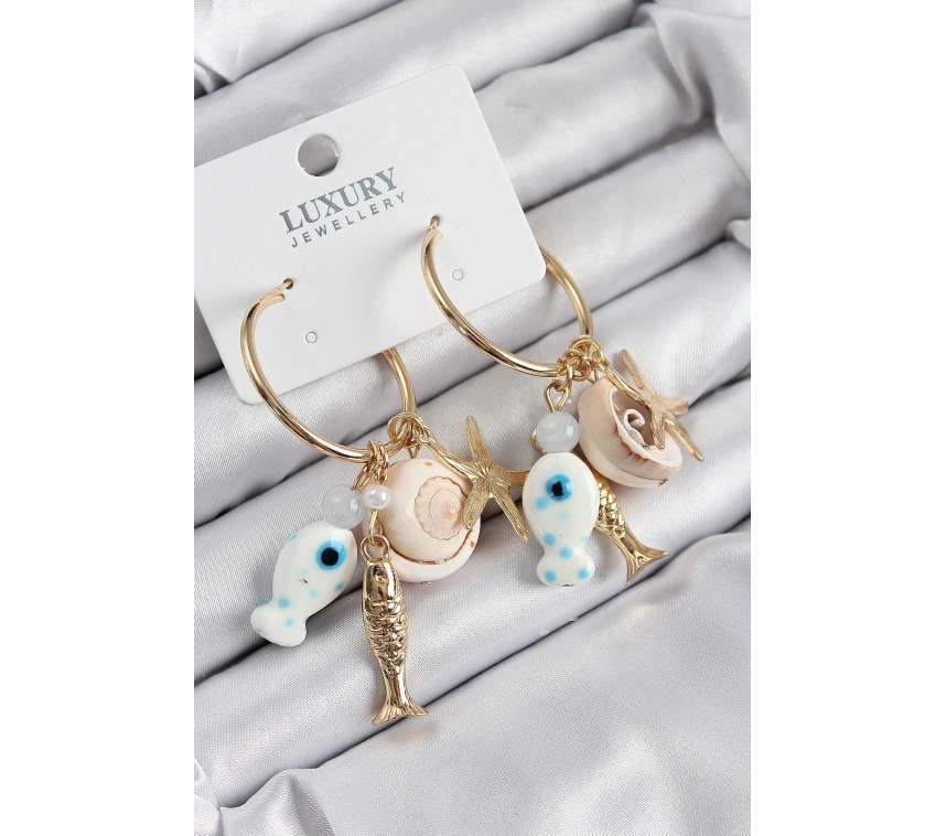 Pirinç Sallantılı Seramik Balık Ve Deniz Kabuğu Model Gold Renk Kadın Küpe