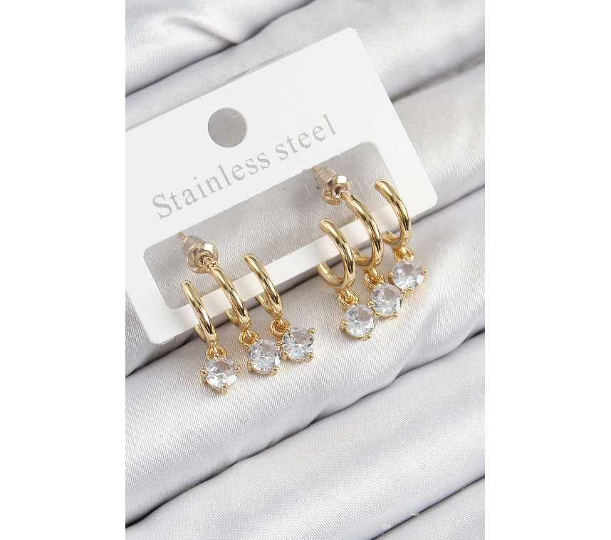 Pirinç Sallantılı Zirkon Taşlı Model Gold Renk Kadın Küpe