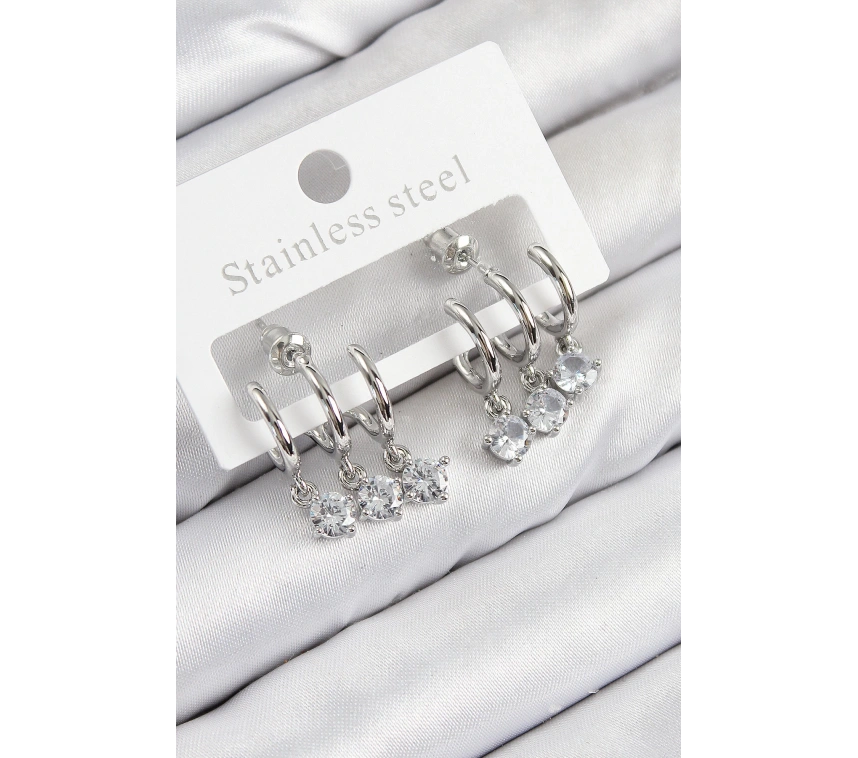 Pirinç Sallantılı Zirkon Taşlı Model Gümüş Renk Kadın Küpe