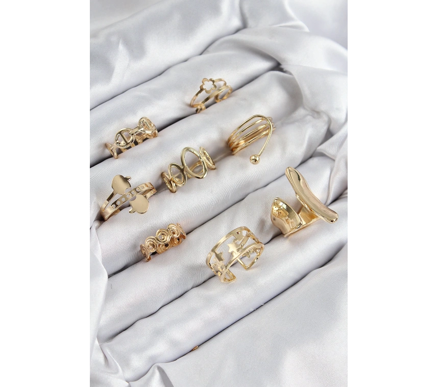 Pirinç Sarmal Ve Yıldız Model Gold Renk Kadın Yüzük Kombin Set