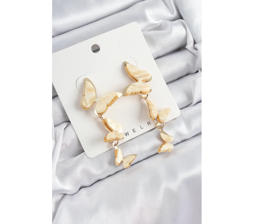 Pirinç Sedef Sallantılı Mermer Desenli Kelebek Model Gold Renk Vintage Kadın Küpe