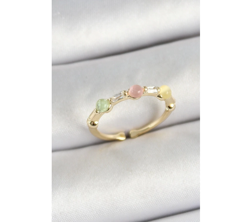 Pirinç Sıralı Boncuk Figürlü Zirkon Taşlı Gold Renk Ayarlanabilir Kadın Yüzük