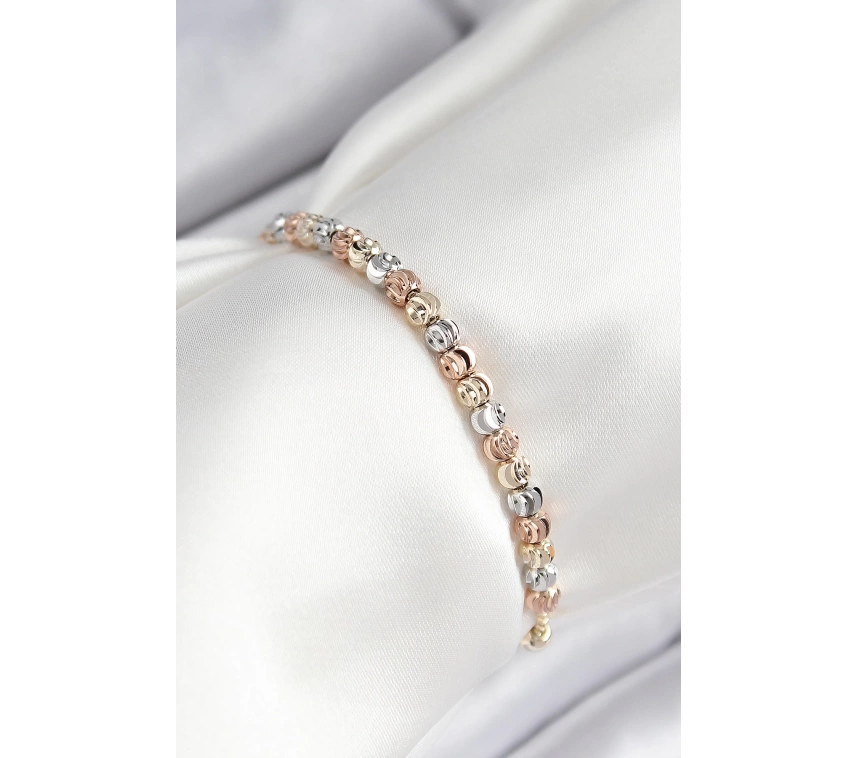 Pirinç Sıralı Boncuk Model Gold Gümüş Roz Renk Asansörlü Kadın Bileklik
