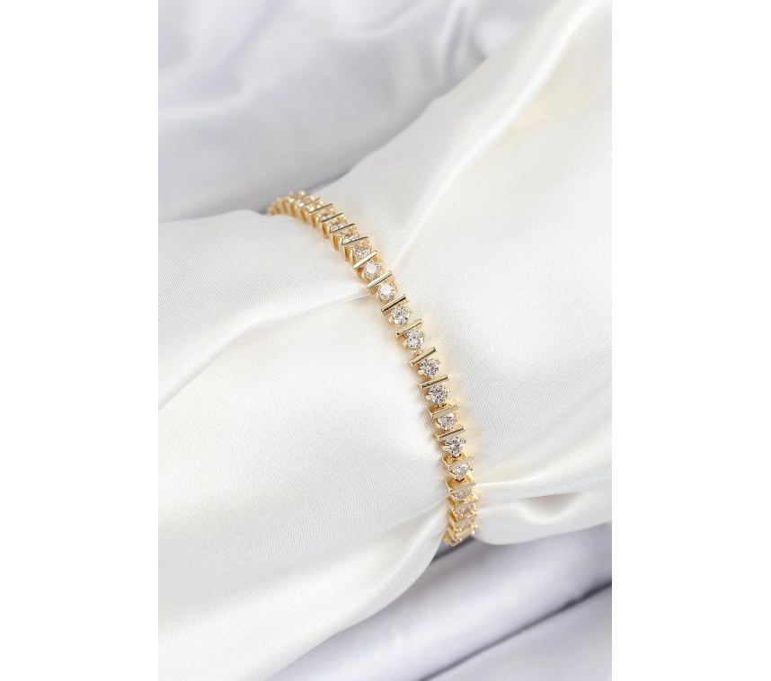 Pirinç Sıralı Çit Model Zirkon Taşlı Gold Renk VİP Seri Kadın Bileklik
