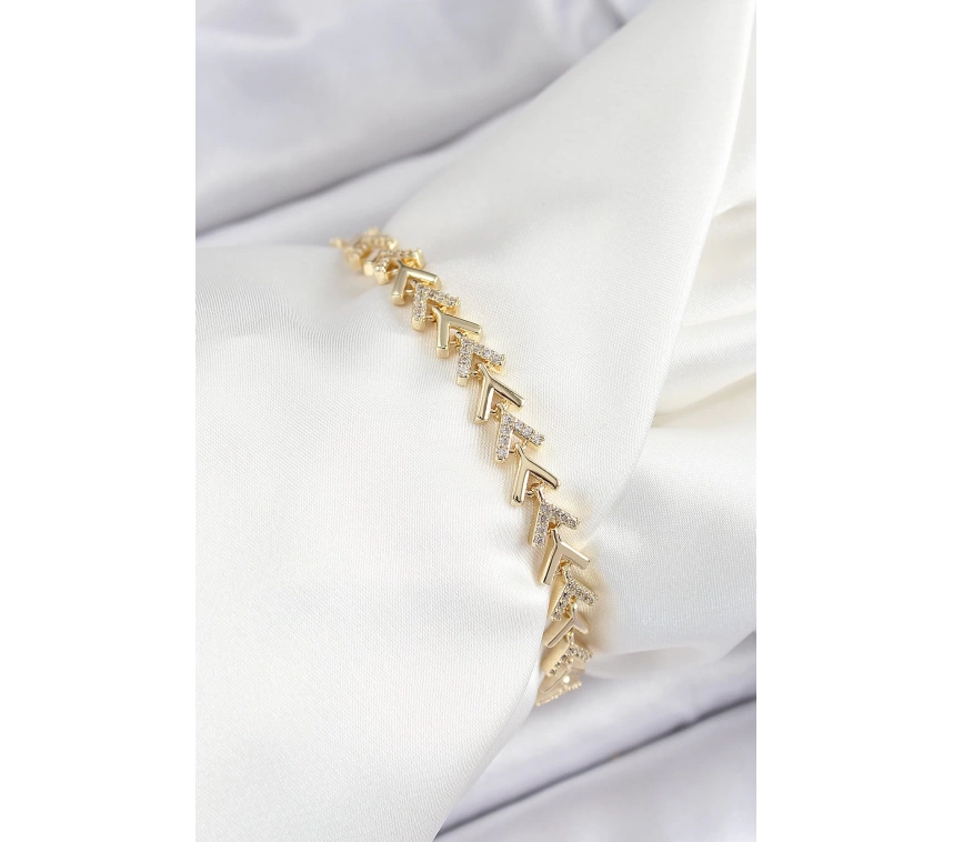 Pirinç Sıralı Ok Model Zirkon Taşlı Gold Renk VİP Seri Kadın Bileklik