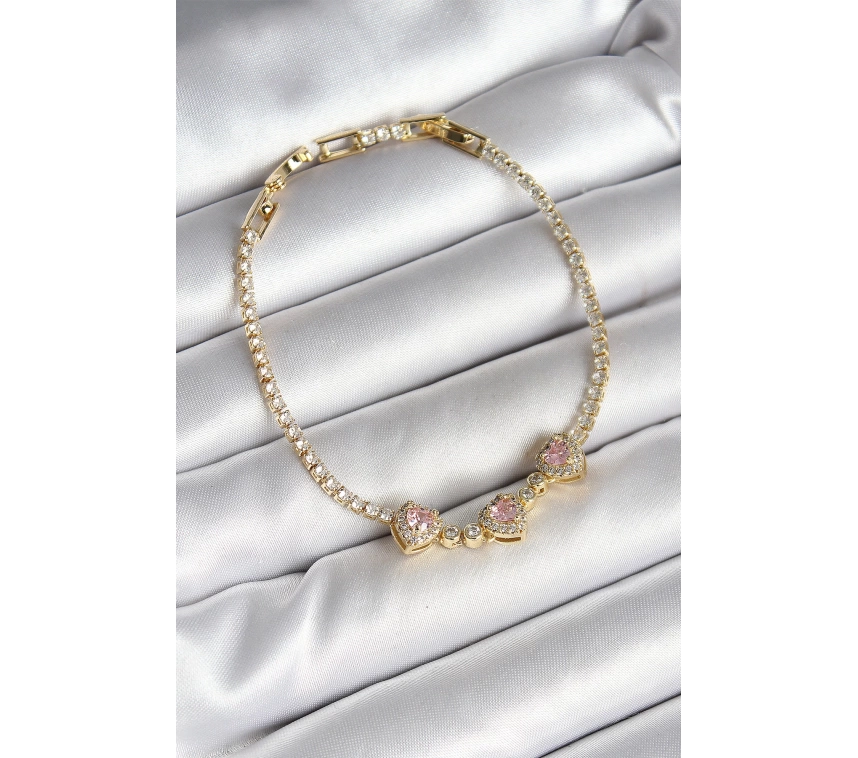 Pirinç Sıralı Pembe Kalp Figürlü Zirkon Taşlı Gold Renk Kadın Bileklik
