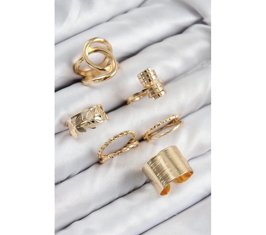 Pirinç Yaprak Model Gold Renk Kadın Yüzük Kombin Set