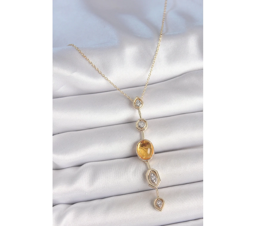 Pirinç Zincir Kehribar Sarı Gold Renk  Zirkon Taşlı Y Kolye