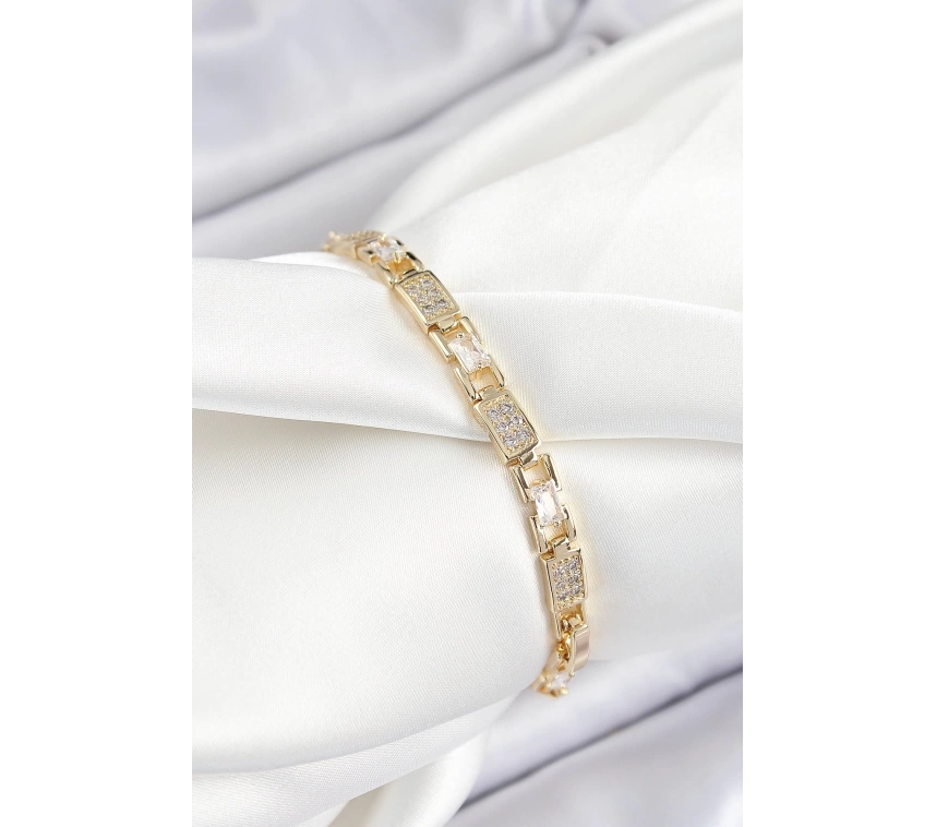 Pirinç Zincir Model Zirkon Taşlı Gold Renk VİP Seri Kadın Bileklik