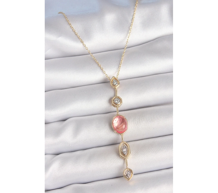 Pirinç Zincir Pembe Gold Renk Zirkon Taşlı Y Kolye