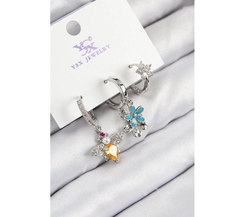 Pirinç Zirkon Taşlı 3lü Arı Ve Çiçek Model Gümüş Renk Kadın Küpe