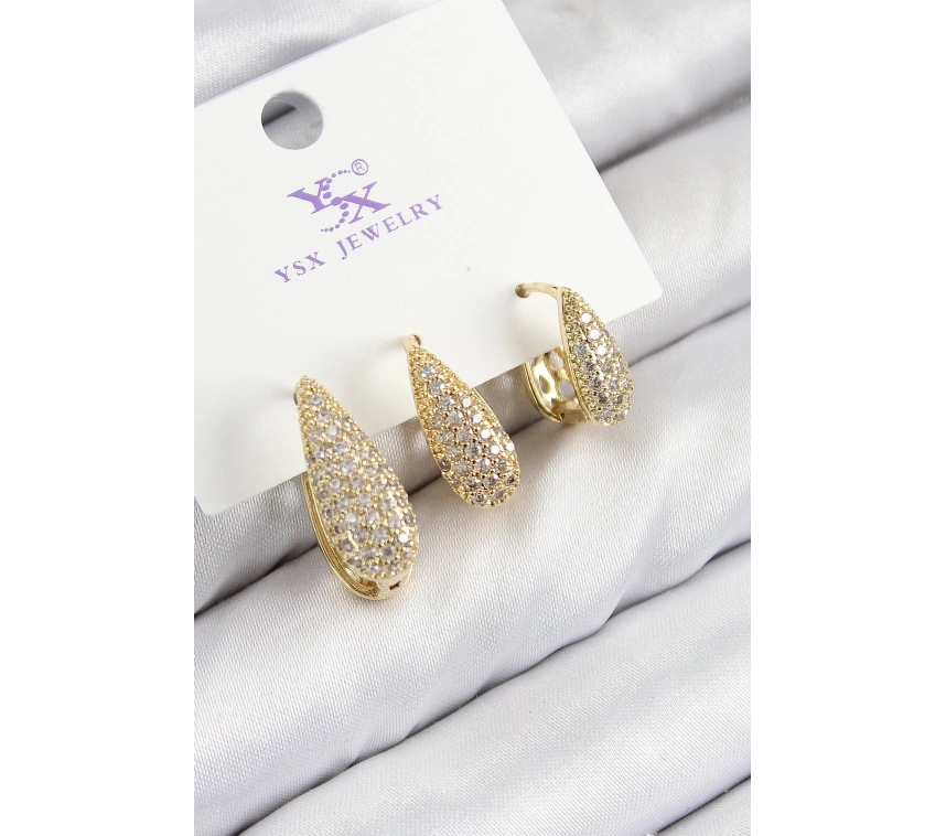 Pirinç Zirkon Taşlı 3lü Damla Model Gold Renk Kadın Küpe