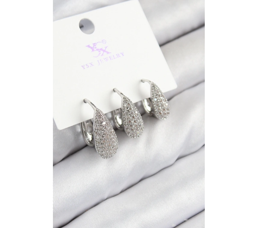 Pirinç Zirkon Taşlı 3lü Damla Model Gümüş Renk Kadın Küpe