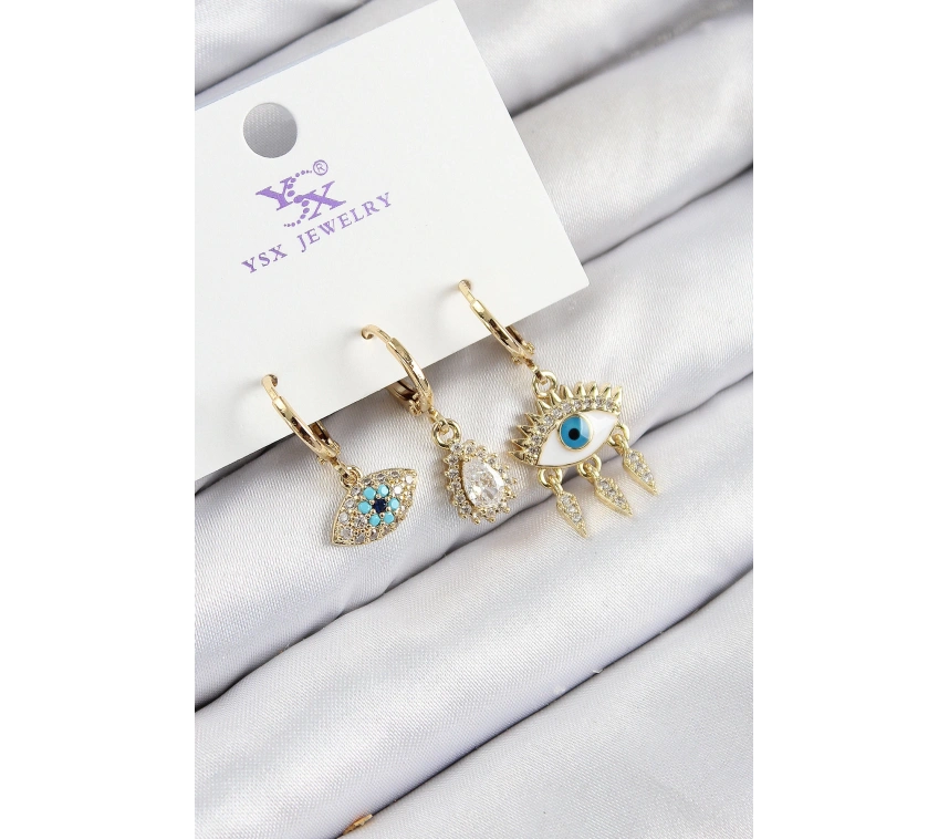 Pirinç Zirkon Taşlı 3lü Fatmanın Gözü Model Gold Renk Kadın Küpe