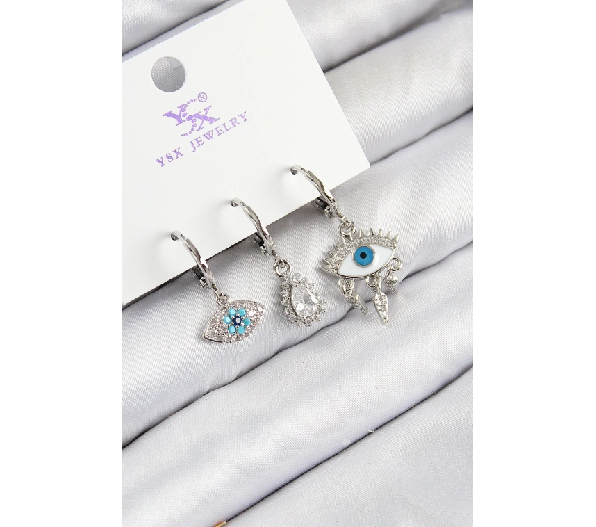 Pirinç Zirkon Taşlı 3lü Fatmanın Gözü Model Gümüş Renk Kadın Küpe